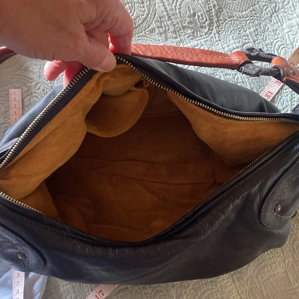 Black Leather Hobo Bag with Tan Shoulder Strap
